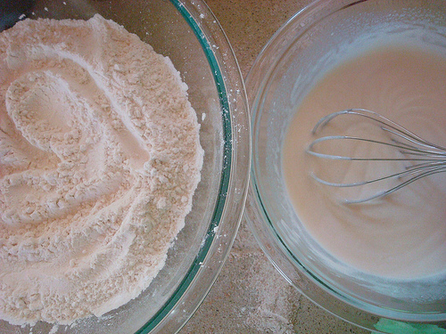 Flour and Wet Mixture in Bowl with Whisk