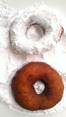 Two Donuts, One Coated in Powdered Sugar