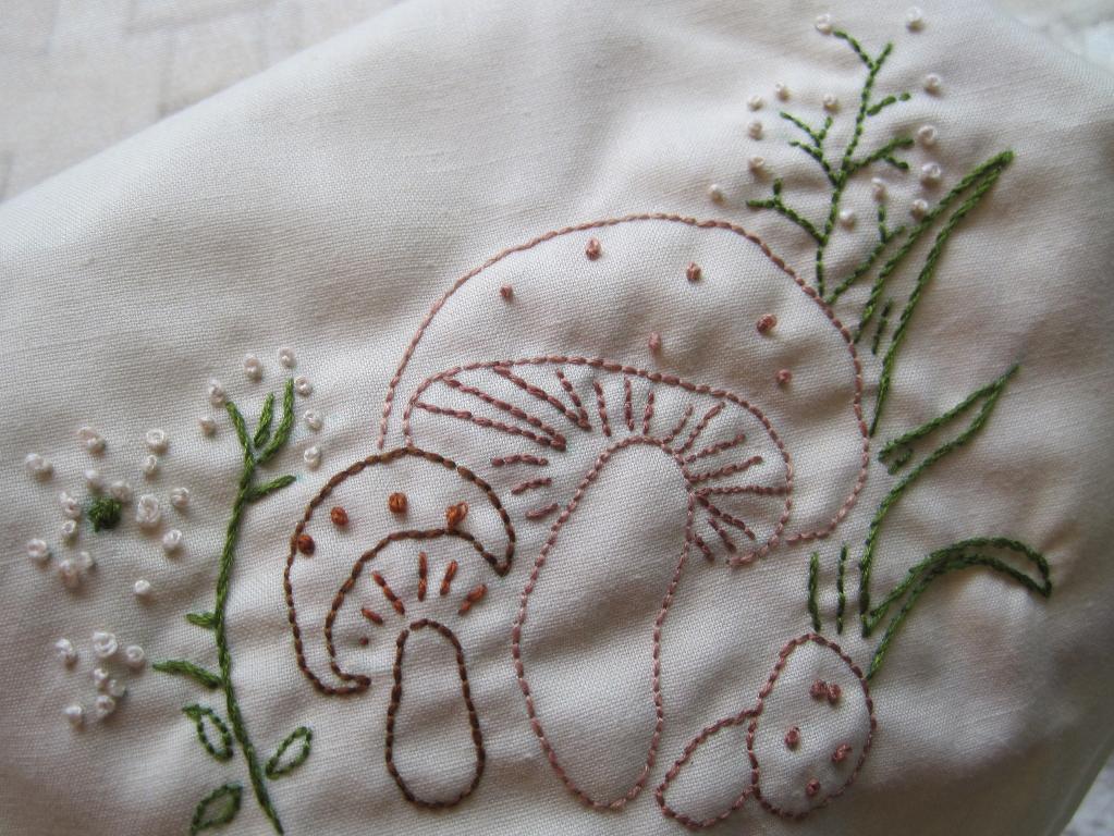 Embroidered Mushrooms and Flowers