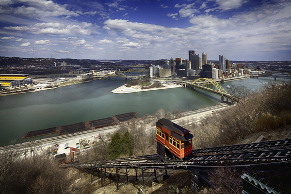 HDR image of Allegheny River, Trolley & Downtown Pittsburgh Skyline