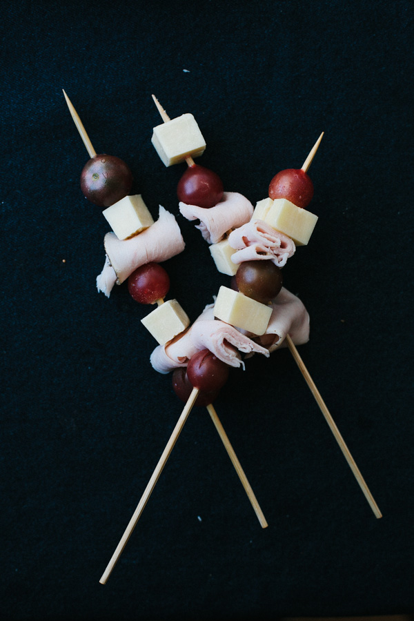 Cheese, Lunch Meat and Fruit on Skewers