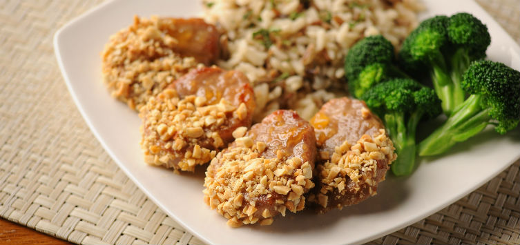 Chutney Pork Pieces, Broccoli and Rice on Plate
