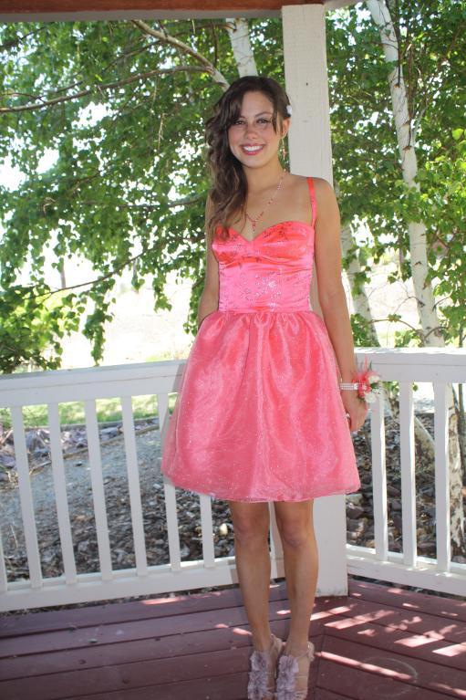 Girl on Porch in Pink Iridescent Retro Dress