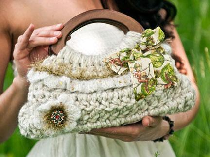 Woman Holding White Ruffled Purse with Wooden Handle 