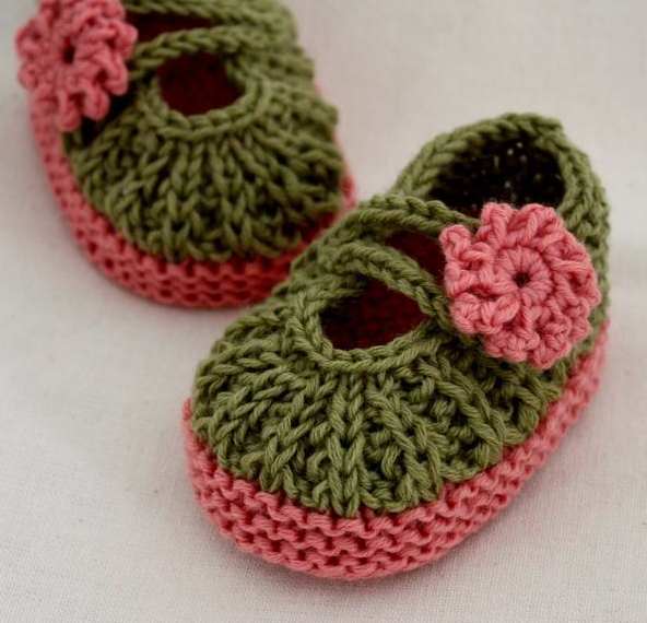 Green Knit Booties with Pink Flowers and Bottoms