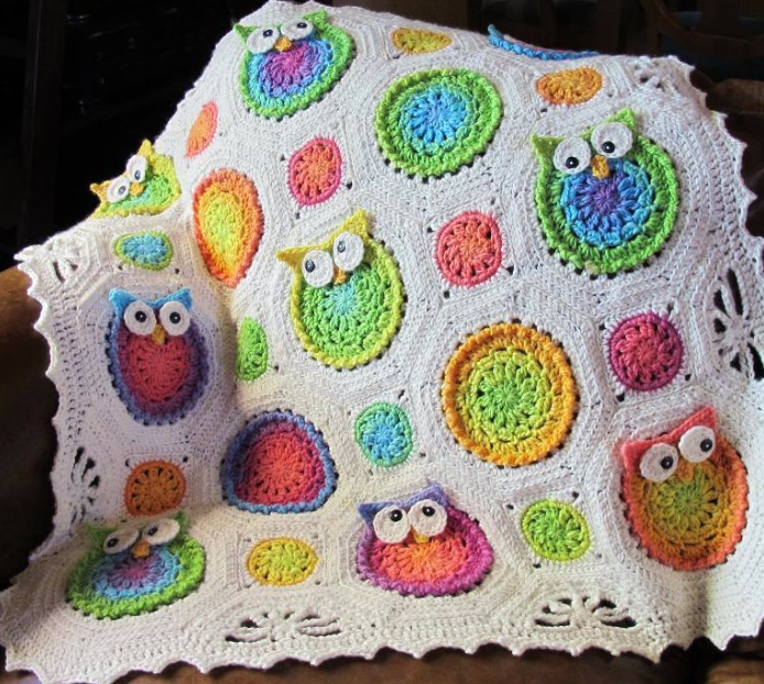 Crocheted Owl Blanket Hanging Over Chair