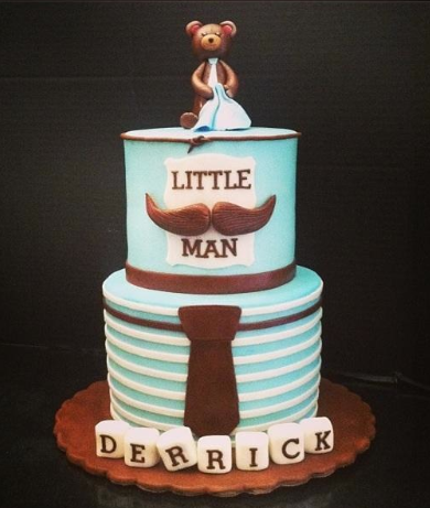"Little Man" Mustache Cake with Tie on Front and Bear on Top