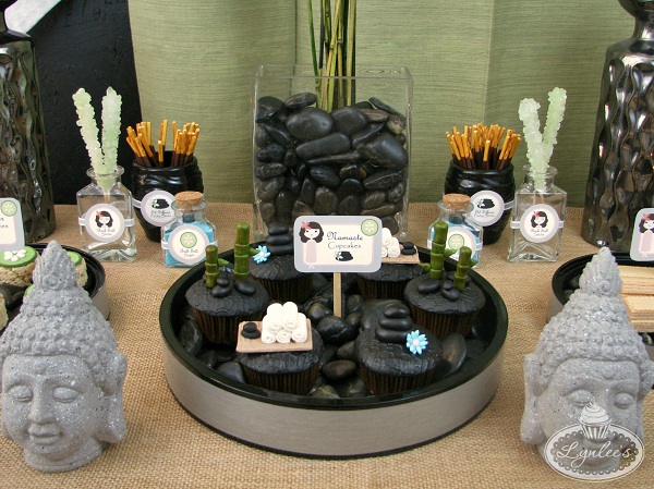 Rock Fountain Fondant Topped Cupcakes at Buddha-Themed Party