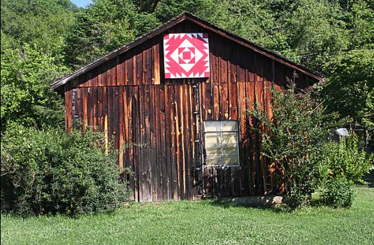 Barn in Trees with Red Barn Quilt