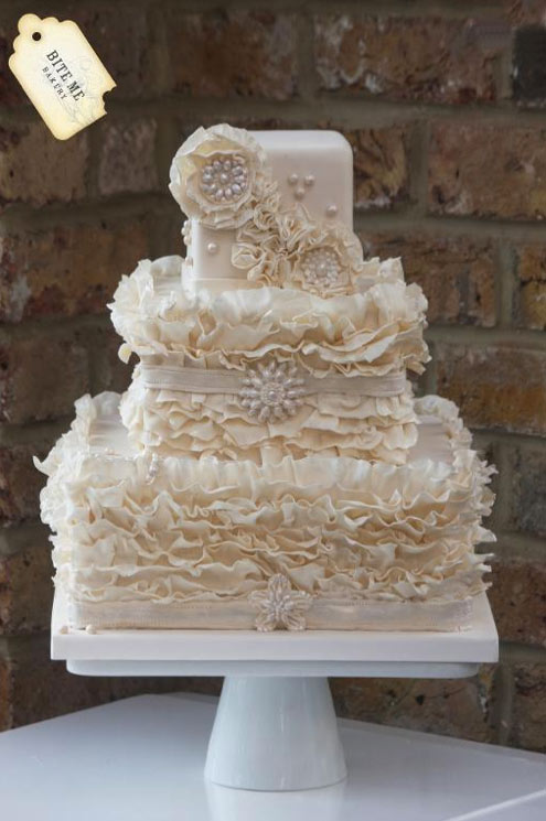 Pink Frilled Cake with Pearls and Ribbon Decoration