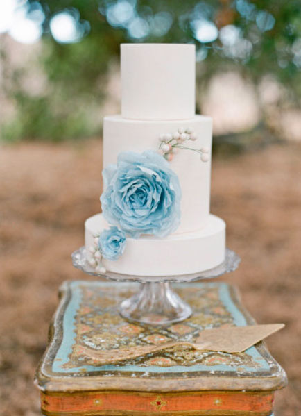 Tiered White Wedding Cake with Blue Rice Paper Flower