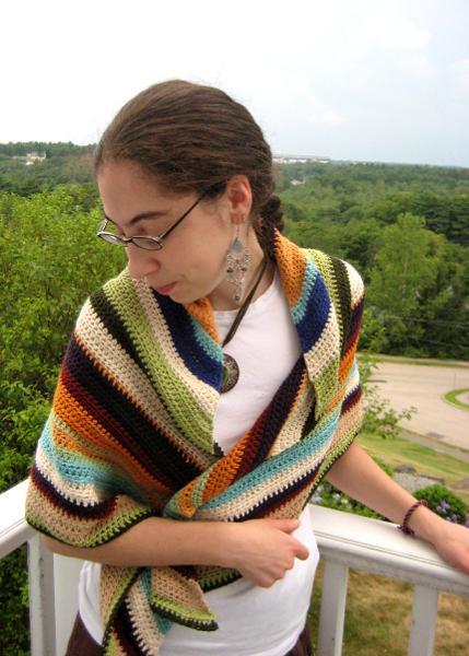 Woman Wearing Striped Crochet Shawl 