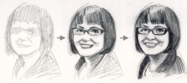 Progressive Drawn Portrait of Woman Wearing Glasses