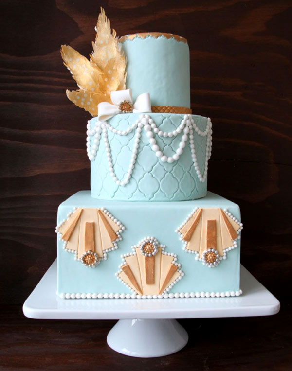 Blue Tiered Wedding Cake with Pearls and Rice Paper Leaves