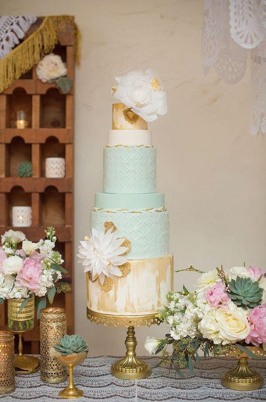 Tiered Blue, White and Gold Cake with Rice Paper Rose Topper