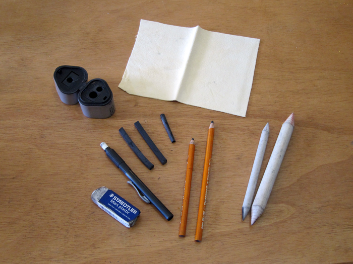 Charcoal Drawing Materials Laid out On Table