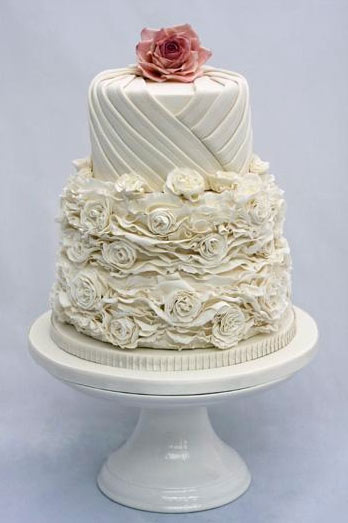 White Cake with Frilled Floral Design on Bottom, Flower on Top