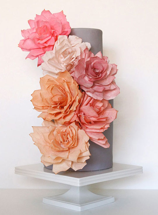 Purple Tiered Cake with Multi-Colored Rice Paper Flowers