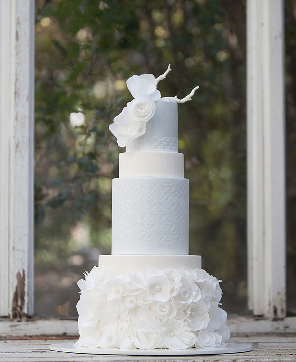 Tiered and Textured White Wedding Cake with Rice Paper Roses