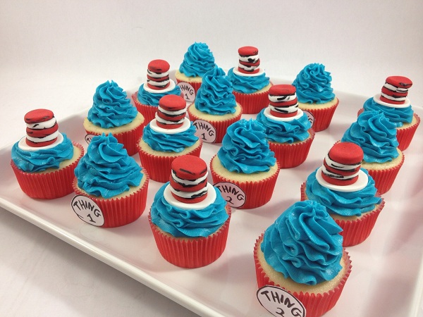 Cat in the Hat Themed Fondant Toppers on Several Cupcakes