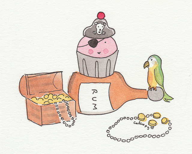 Cartoon of Cupcake Sitting on a Bottle of Rum with Parrot and Chest of Gold