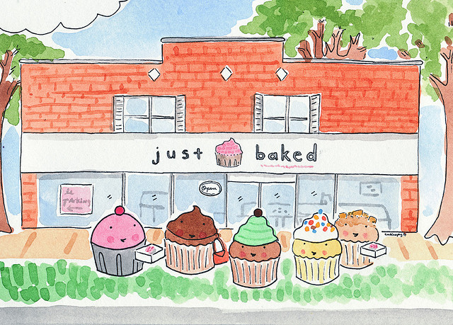 Cartoon of Cupcakes in Front of A Bakery