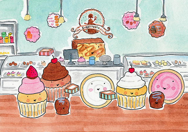 Cartoon of Cupcakes in a Bakery