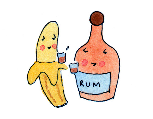 Cartoon of Rum Bottle and Banana Drinking Rum