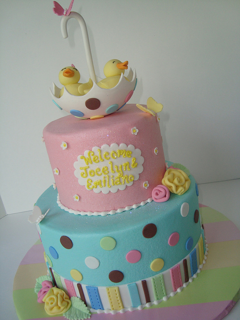 Tiered Twin Cake with Fondant Ducks in Umbrella Topper, on Bluprint 