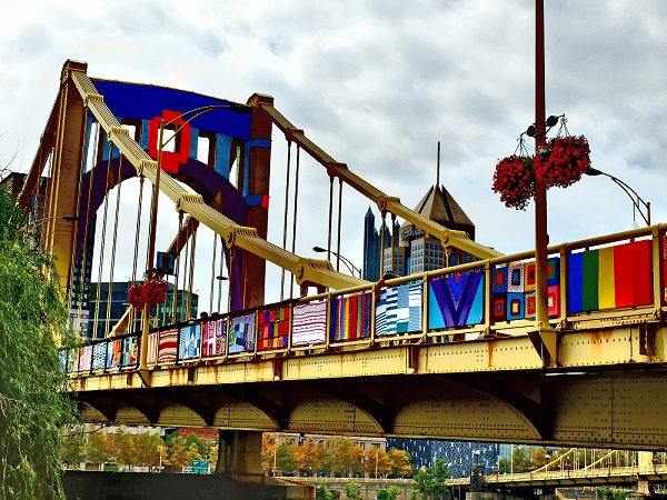 Pittsburgh Bridge Covered in Knit Patterns 