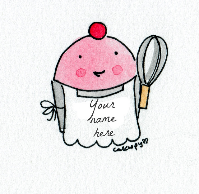 Cartoon of Cupcake Wearing Apron, Holding Whisk