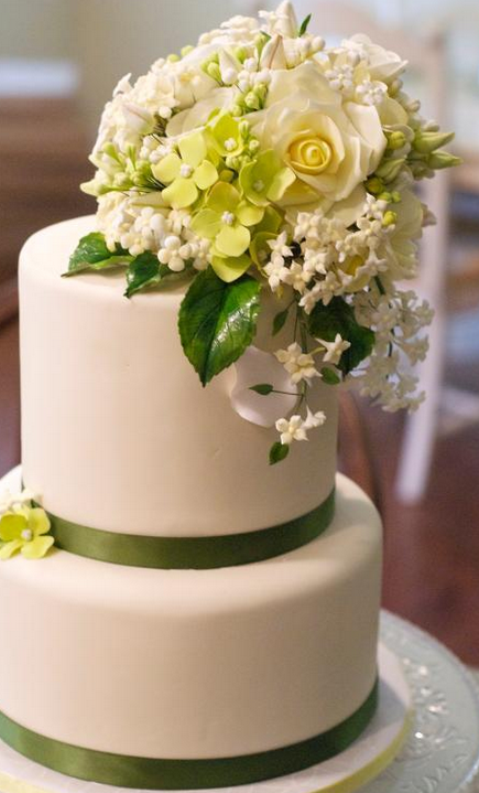 White Tiered Cake with Green Borders and White Roses