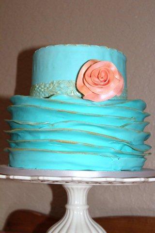 Blue Cake with Frills and Pink Rose