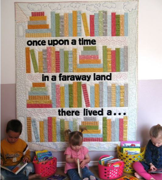 Quilt Featuring Book Stacks and "Once Upon a Time"