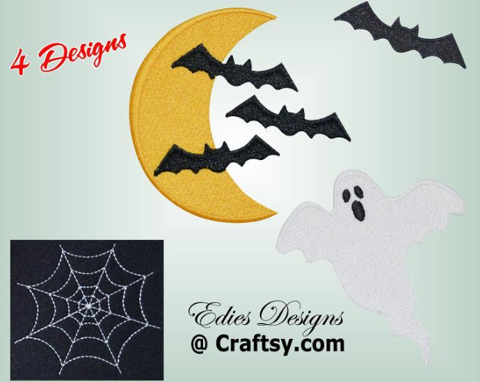 Embroidered Ghost, Crescent Moon and Bats