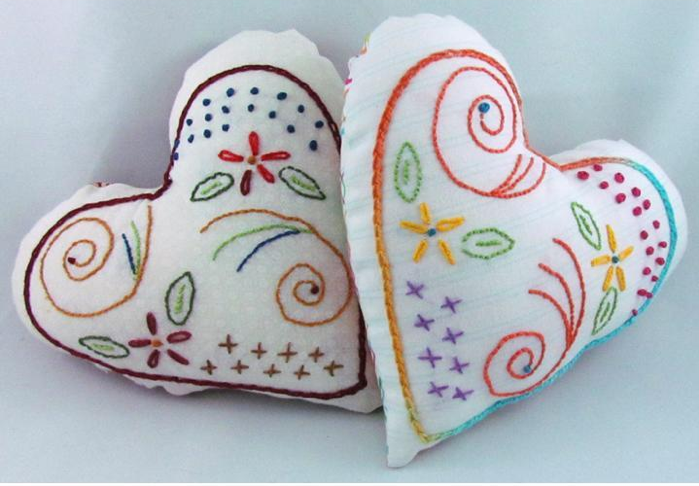 White Heart-Shaped Pin Cushions with Colorful Embroidery 