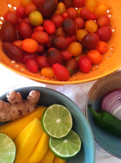 Bowls of Vegetables, including Tomatoes in Colander, Onion, Peppers