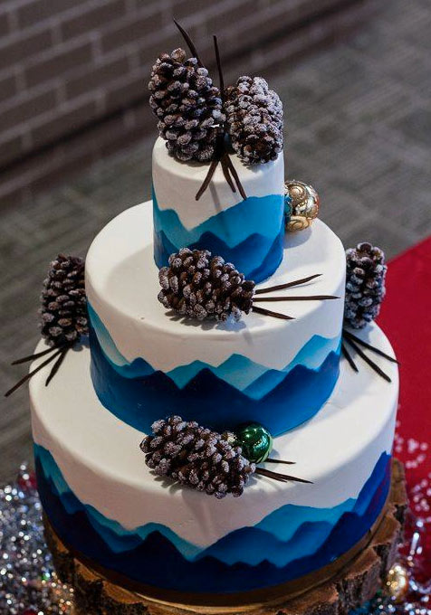 Stacked Winter Cake with Blue Mountains and Pinecone Toppers