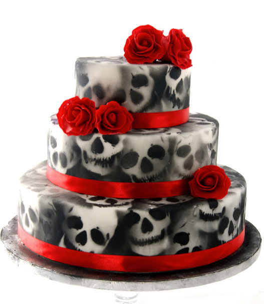 Cake Airbrushed with Skulls, Decorated with Red Roses