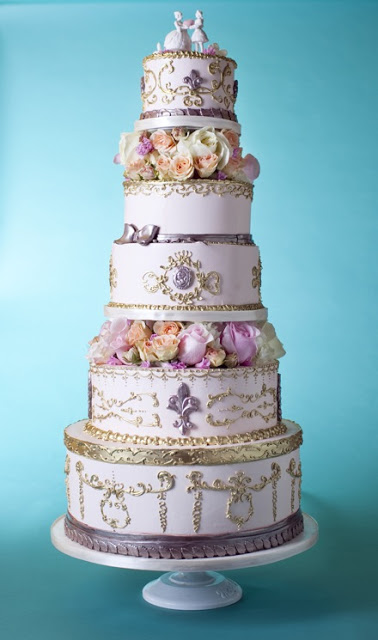 Ornate Purple Tiered Cake with Gilding and Roses