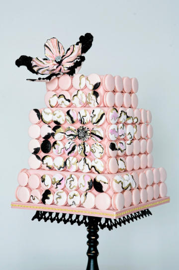 Square Cake Decorated with Macaroons, Topped with a Sugar Flower