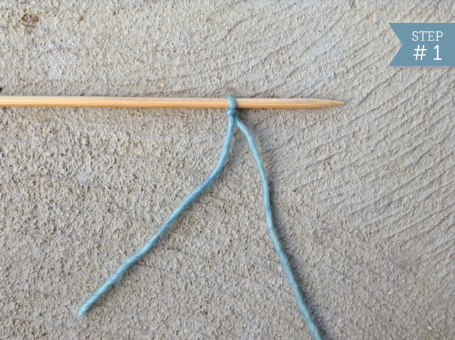 Knitting Needle with One Blue Piece of Yarn, Step#1 in Casting On 
