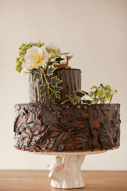 Two Layer Chocolate Cake with Green Fondant Leaves and Flowers