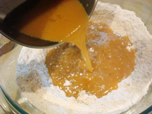Pouring Sugar Mixture into Flour