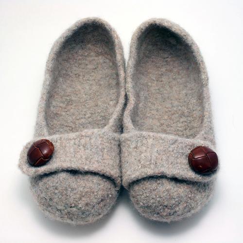 Grey Felted Slippers with Brown Buttons