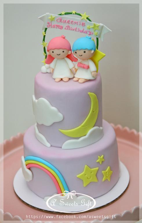 Purple Tiered Cake with Fondant Moon and Star Decs, Twin Toppers