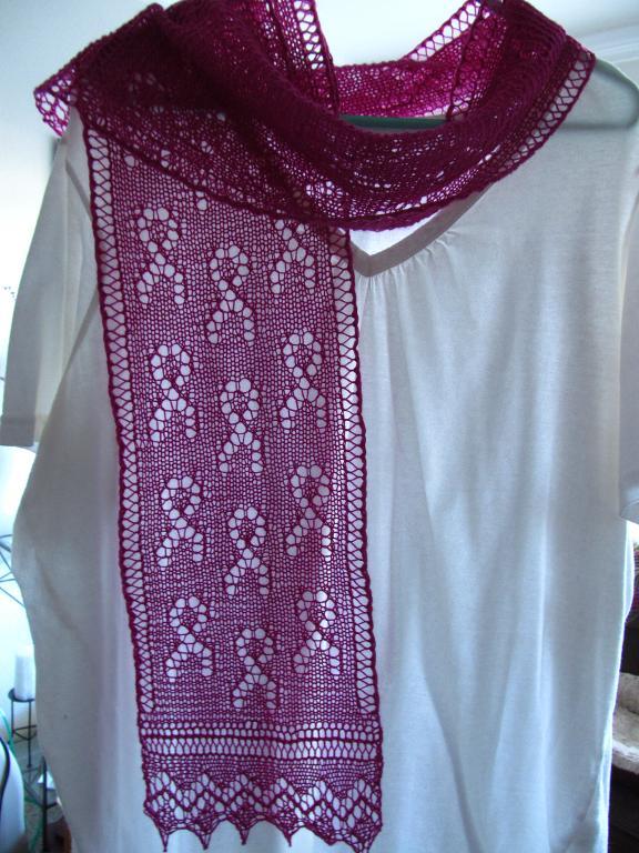 Purple Lace Knit Scarf with Breast Cancer Ribbon Theme
