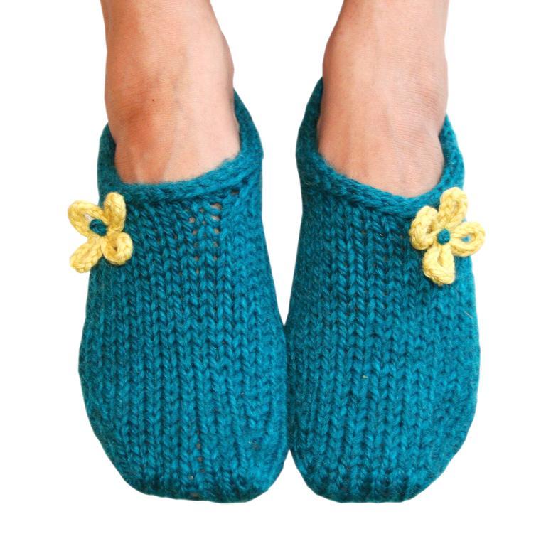 Blue Knit Slippers with Yellow Flowers