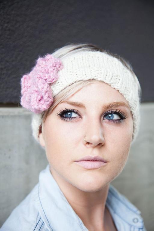White Knit Headband with Pink Knit Flower