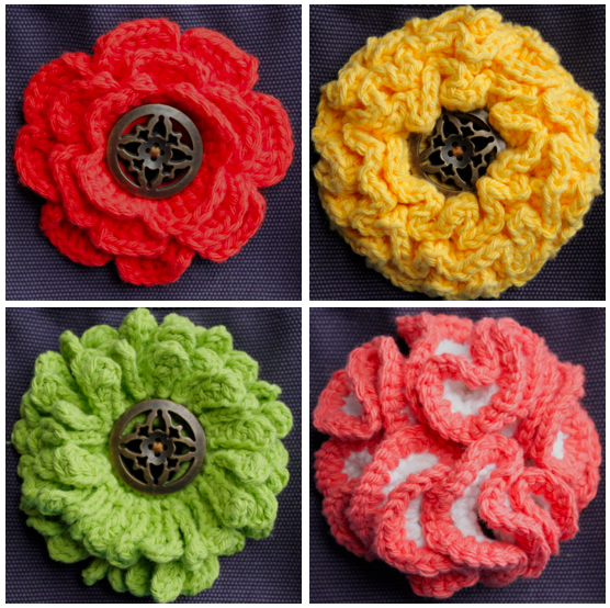 Knitted Flower Buttons, Various Colors